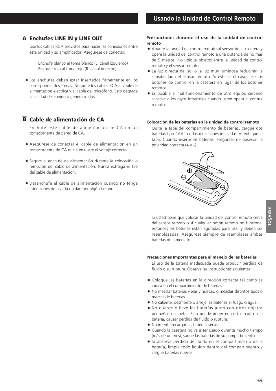 Usando la unidad de control remoto, Enchufes line in y line out, Cable de alimentación de ca | Teac W-865R User Manual | Page 55 / 148