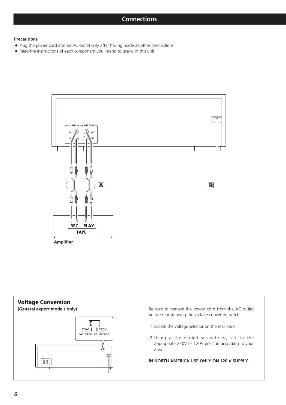 Connections, Voltage conversion | Teac W-865R User Manual | Page 6 / 148