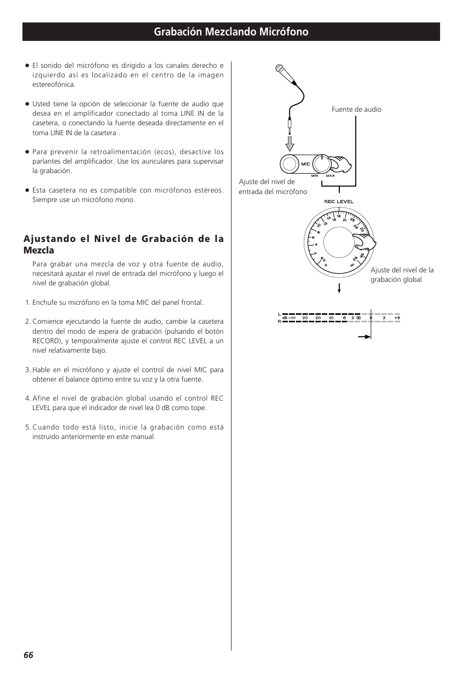 Grabación mezclando micrófono, Ajustando el nivel de grabación de la mezcla | Teac W-865R User Manual | Page 66 / 148
