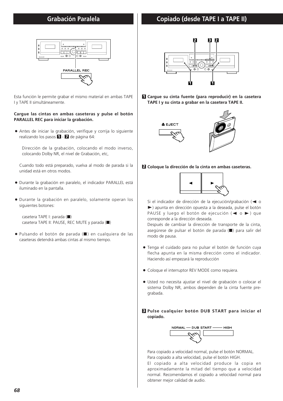 Grabación paralela, Copiado (desde tape i a tape ii) | Teac W-865R User Manual | Page 68 / 148