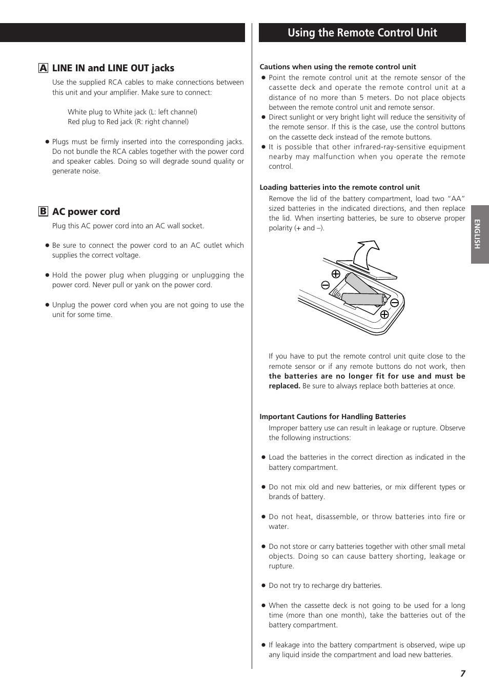 Using the remote control unit, Line in and line out jacks, Ac power cord | Teac W-865R User Manual | Page 7 / 148