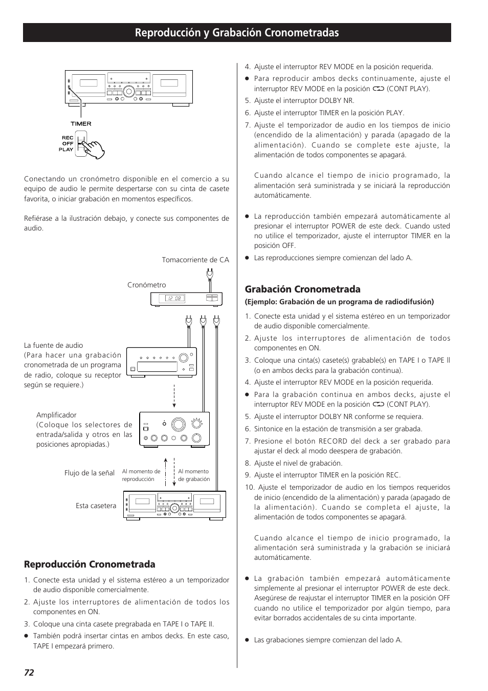 Reproducción y grabación cronometradas, Reproducción cronometrada, Grabación cronometrada | Teac W-865R User Manual | Page 72 / 148