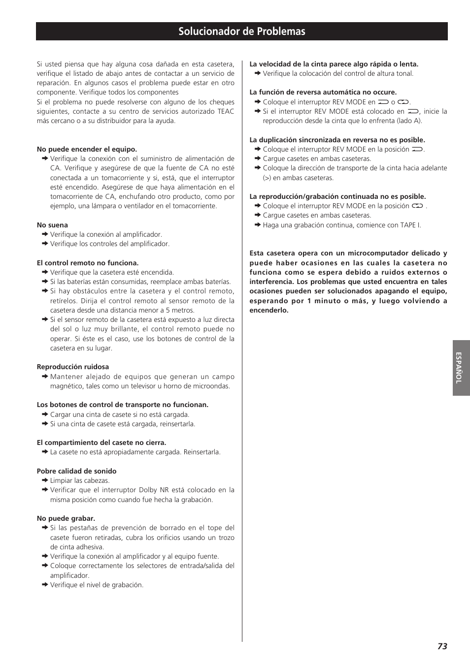 Solucionador de problemas | Teac W-865R User Manual | Page 73 / 148