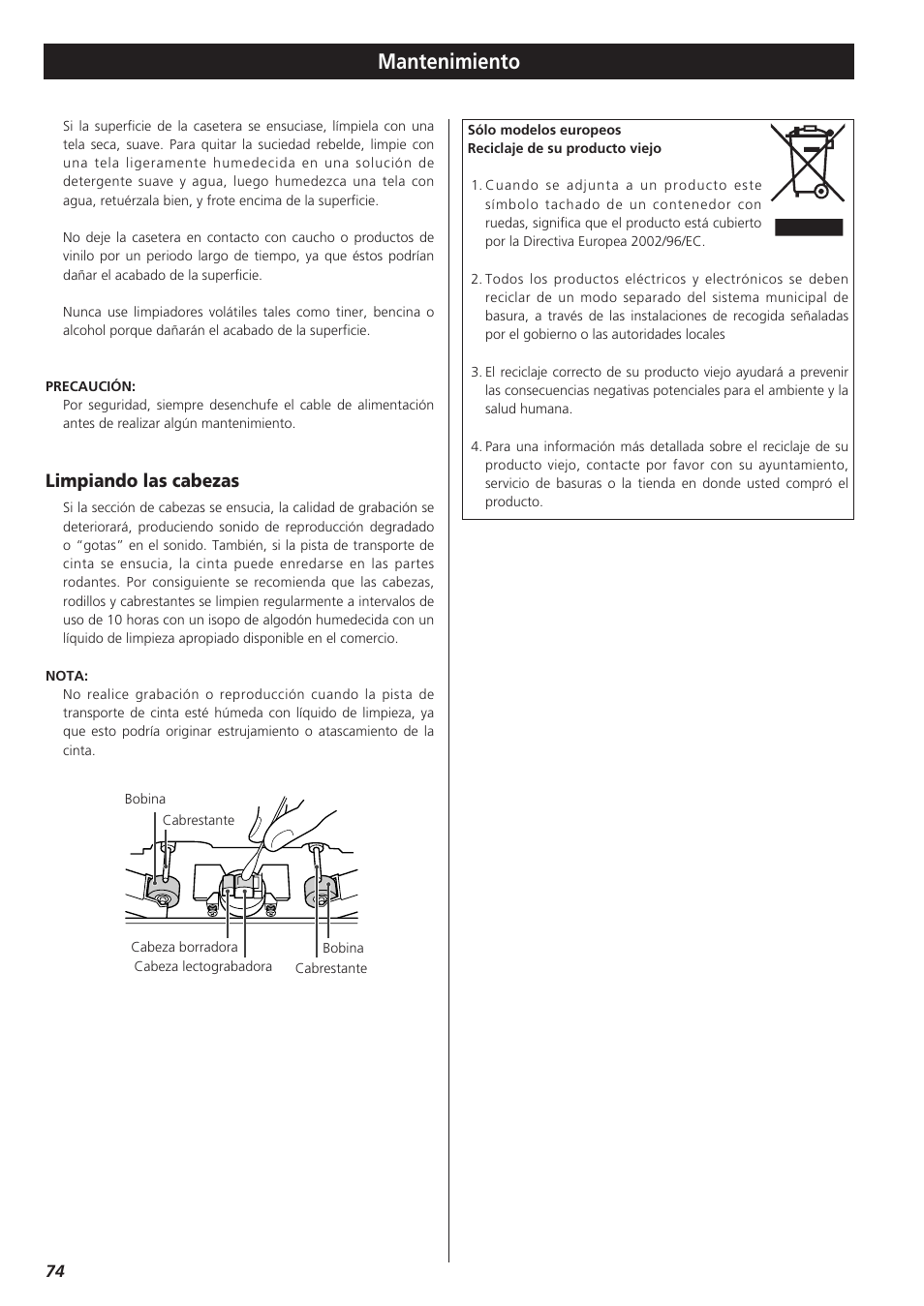 Mantenimiento, Limpiando las cabezas | Teac W-865R User Manual | Page 74 / 148