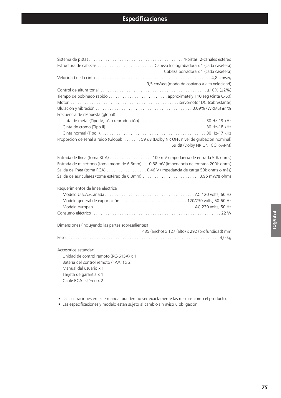 Especificaciones | Teac W-865R User Manual | Page 75 / 148