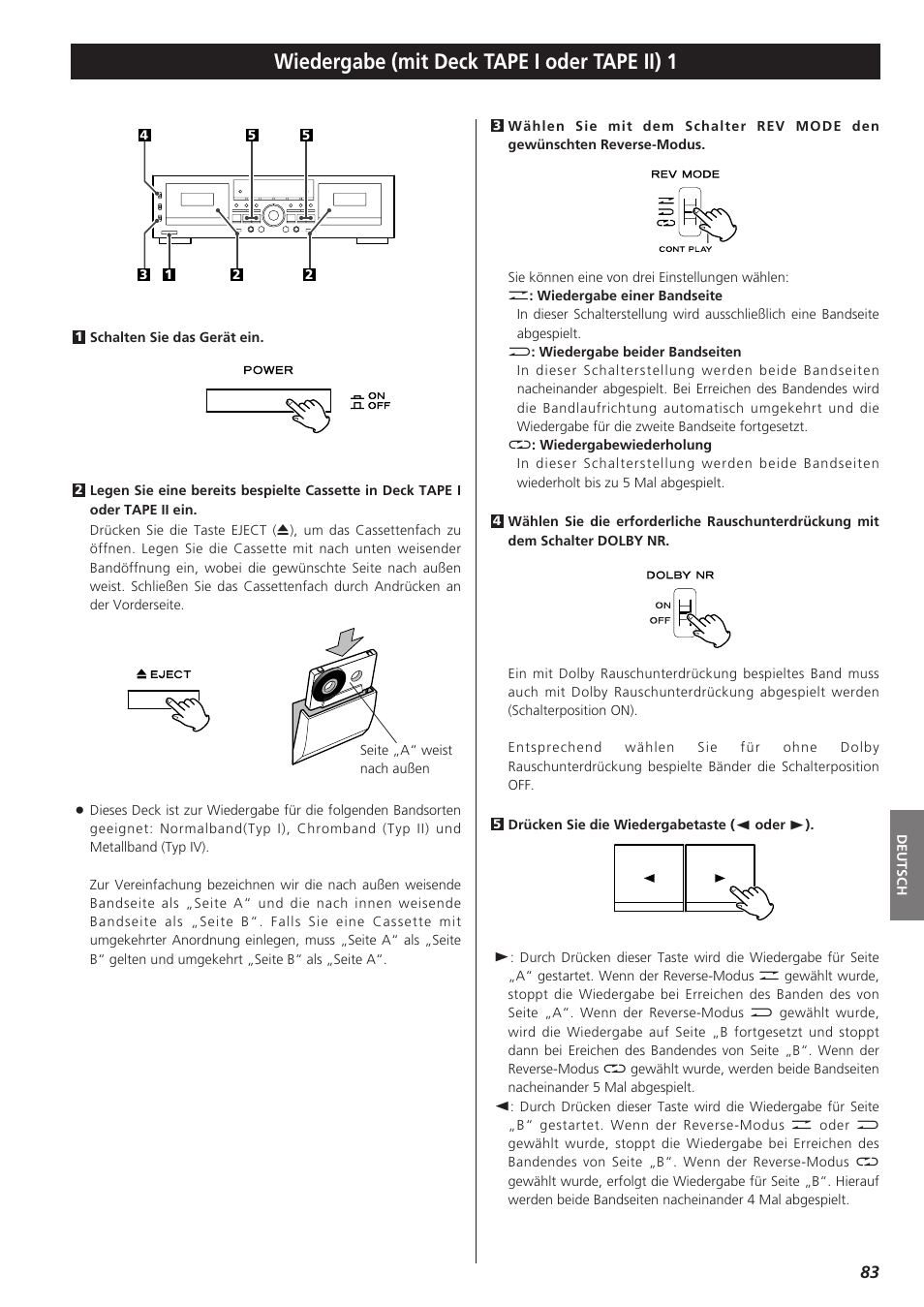 Wiedergabe (mit deck tape i oder tape ii) 1 | Teac W-865R User Manual | Page 83 / 148