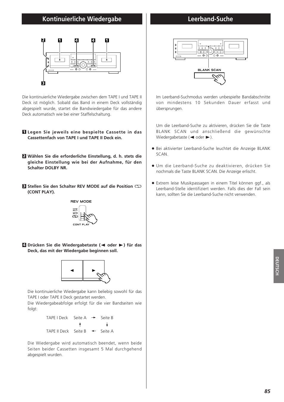 Kontinuierliche wiedergabe, Leerband-suche | Teac W-865R User Manual | Page 85 / 148