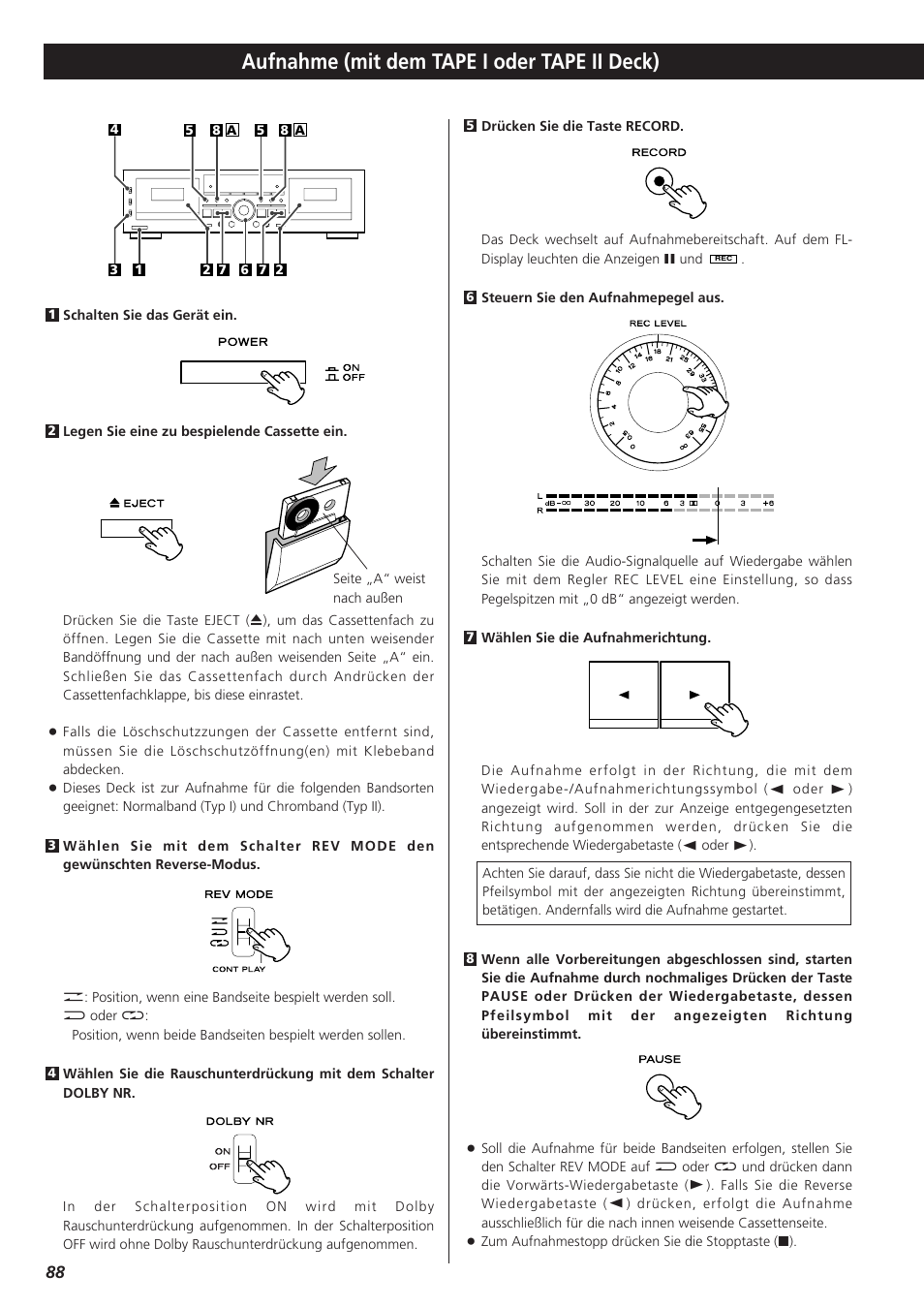 Aufnahme (mit dem tape i oder tape ii deck) | Teac W-865R User Manual | Page 88 / 148