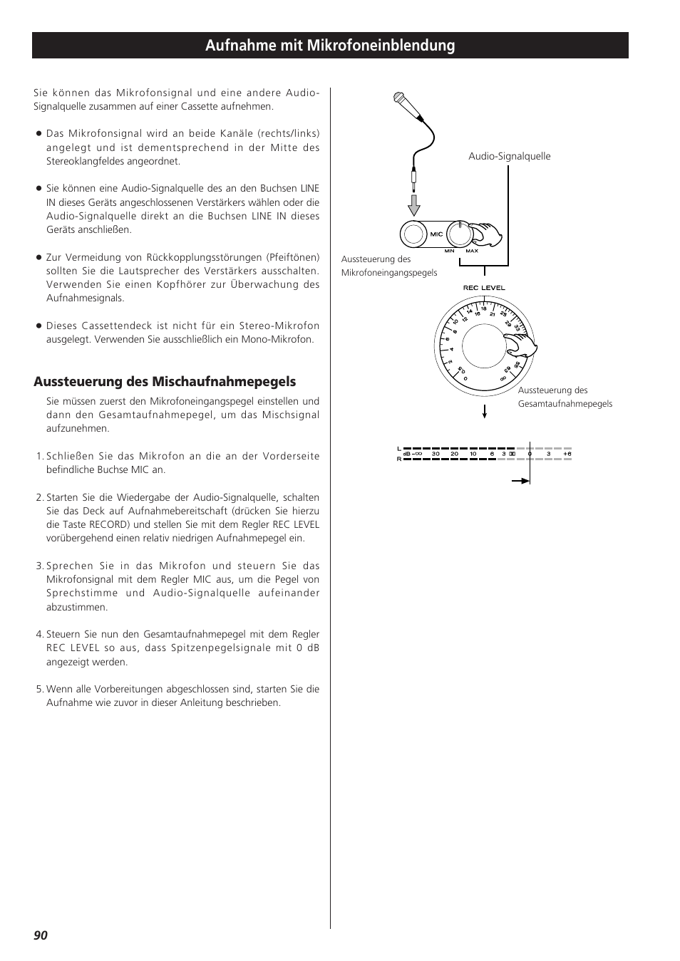 Aufnahme mit mikrofoneinblendung, Aussteuerung des mischaufnahmepegels | Teac W-865R User Manual | Page 90 / 148