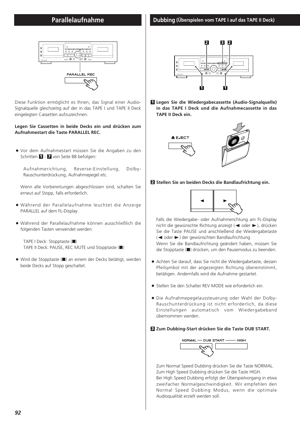 Parallelaufnahme, Dubbing | Teac W-865R User Manual | Page 92 / 148