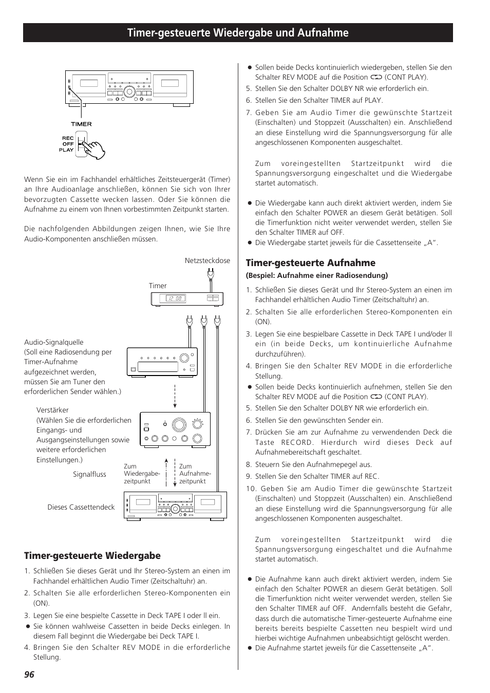 Timer-gesteuerte wiedergabe und aufnahme, Timer-gesteuerte aufnahme, Timer-gesteuerte wiedergabe | Teac W-865R User Manual | Page 96 / 148