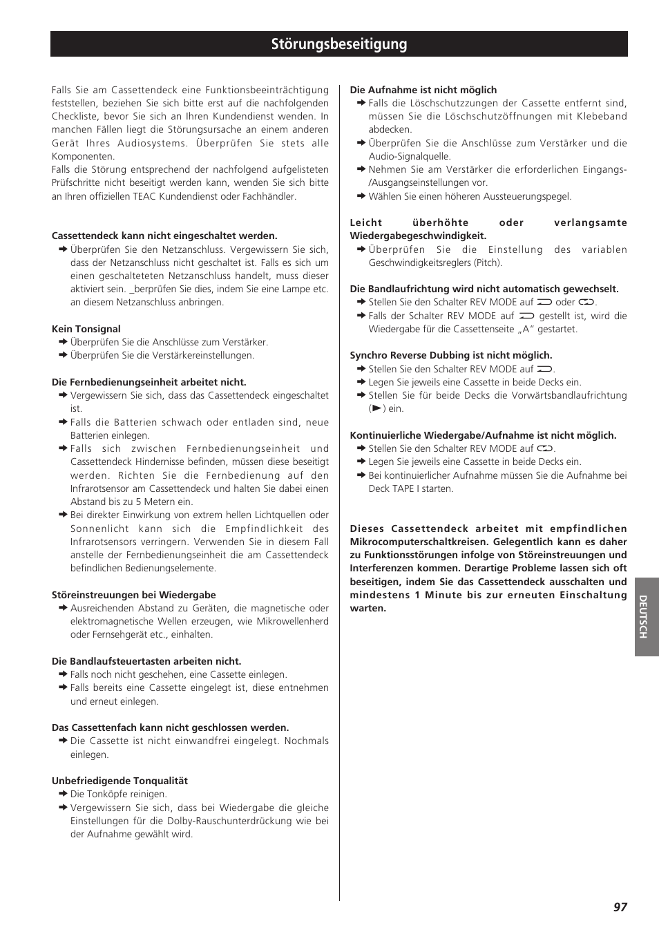 Störungsbeseitigung | Teac W-865R User Manual | Page 97 / 148