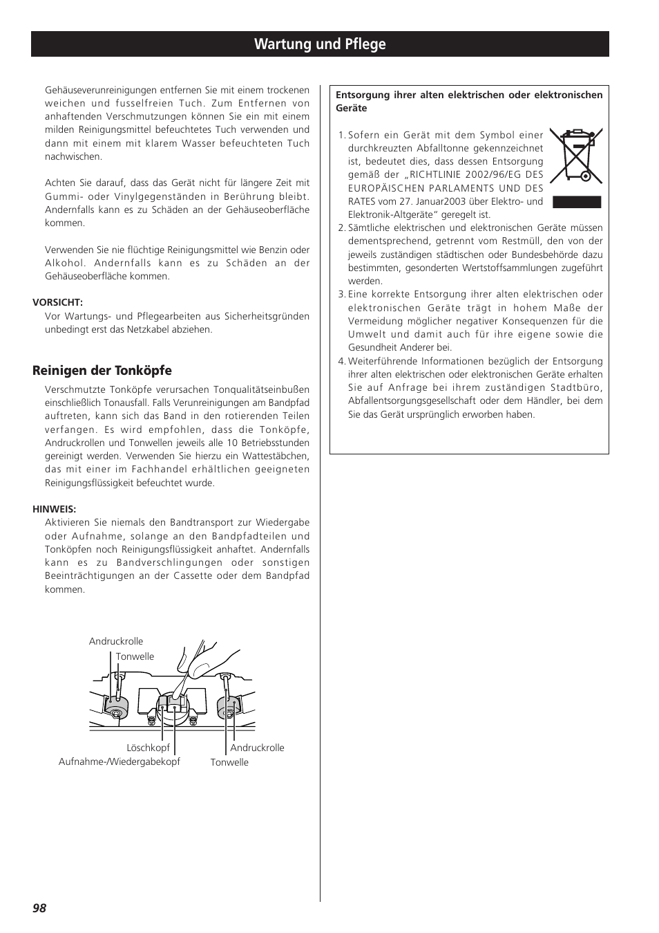 Wartung und pflege, Reinigen der tonköpfe | Teac W-865R User Manual | Page 98 / 148