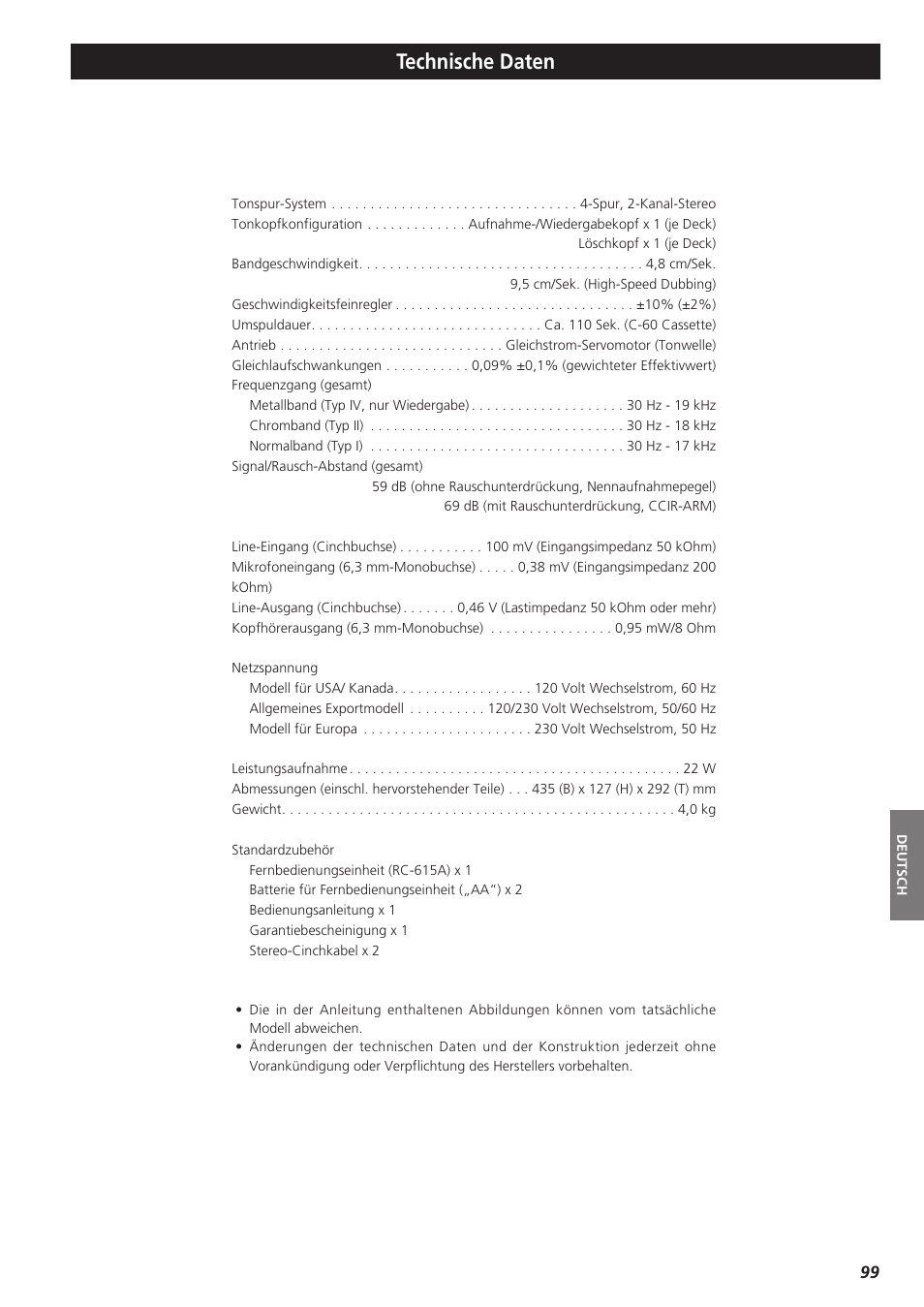 Technische daten | Teac W-865R User Manual | Page 99 / 148