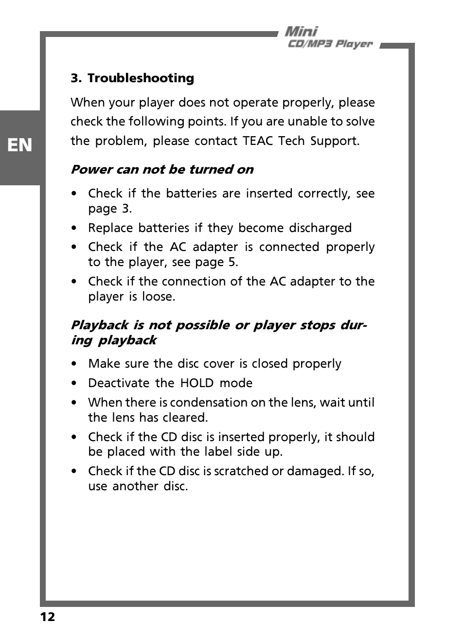 Teac Mini CD/MP3 Player User Manual | Page 12 / 17