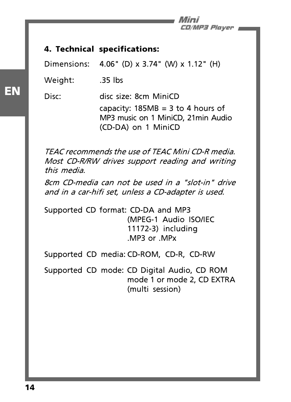 Teac Mini CD/MP3 Player User Manual | Page 14 / 17