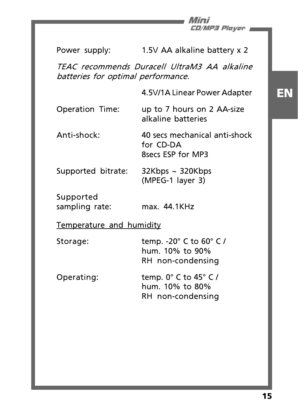 Teac Mini CD/MP3 Player User Manual | Page 15 / 17