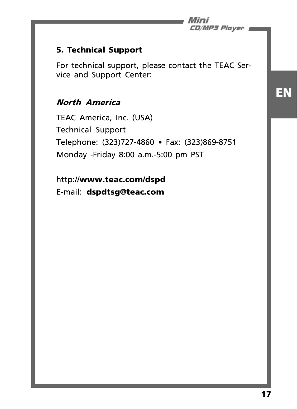 Teac Mini CD/MP3 Player User Manual | Page 17 / 17