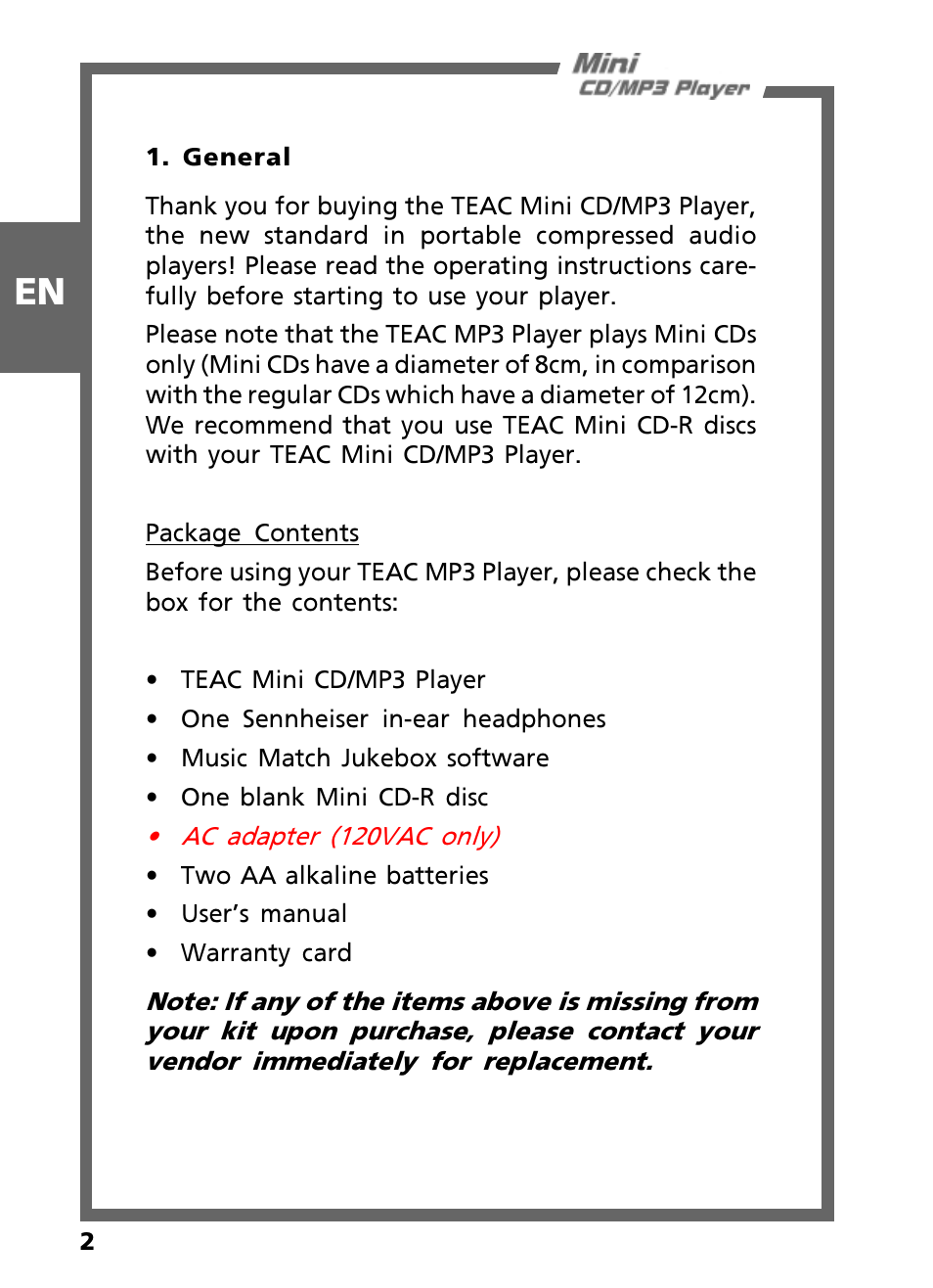 Teac Mini CD/MP3 Player User Manual | Page 2 / 17