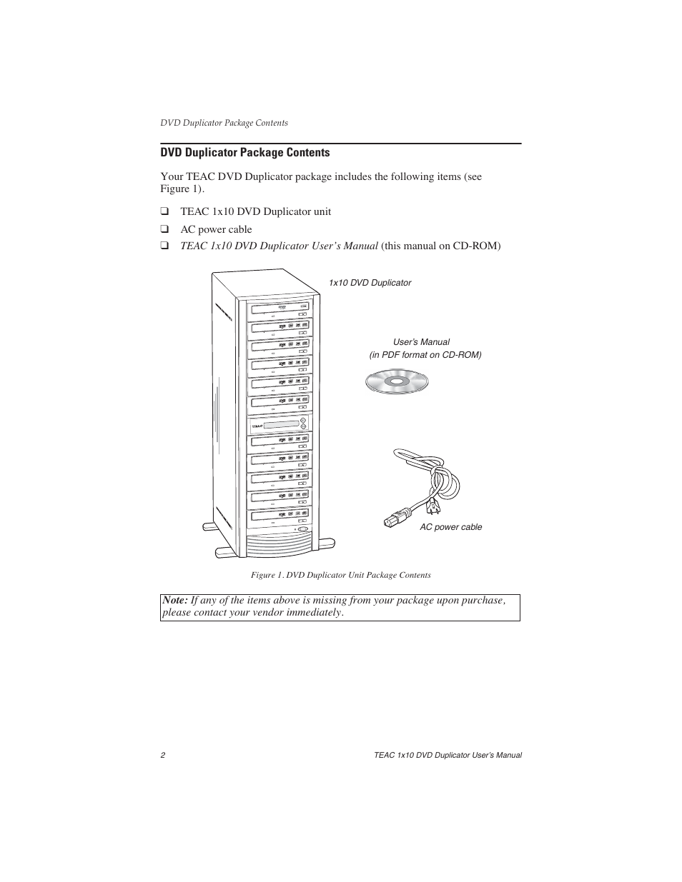 Dvd duplicator package contents, Figure 1. dvd duplicator unit package contents | Teac DVW-D110H User Manual | Page 10 / 34