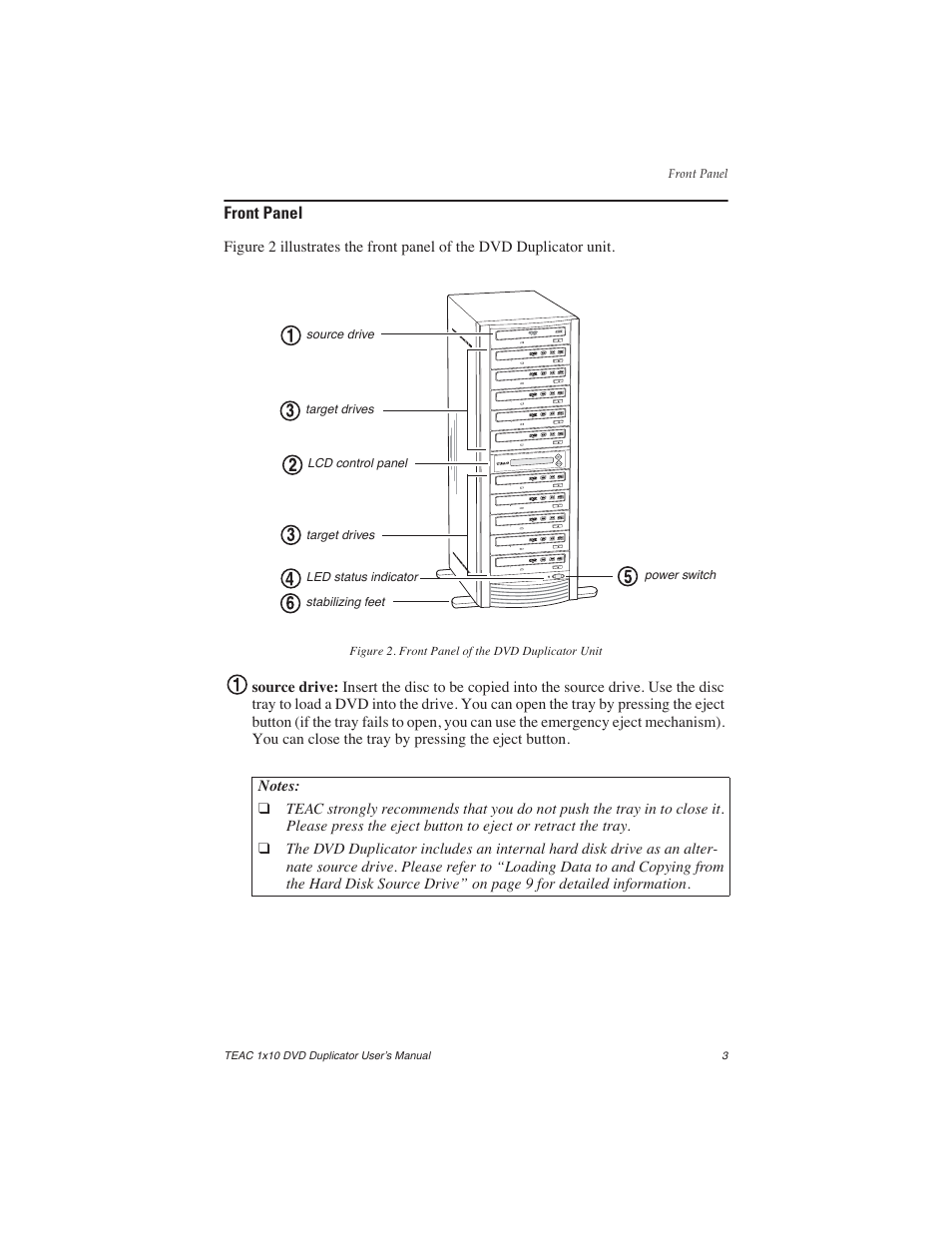 Front panel, Figure 2. front panel of the dvd duplicator unit | Teac DVW-D110H User Manual | Page 11 / 34