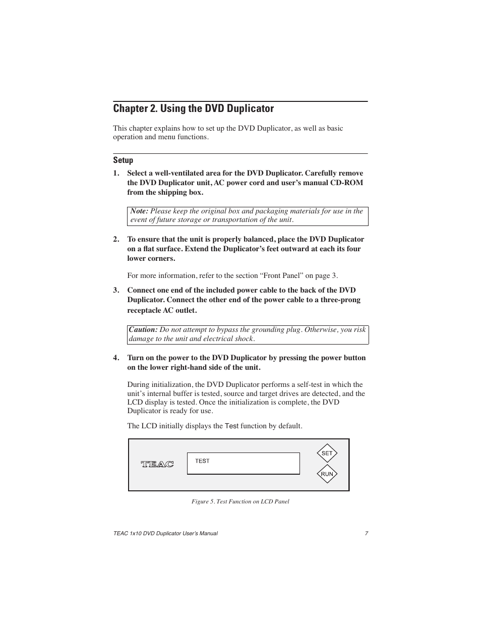 Chapter 2. using the dvd duplicator, Setup, Figure 5. test function on lcd panel | Teac DVW-D110H User Manual | Page 15 / 34