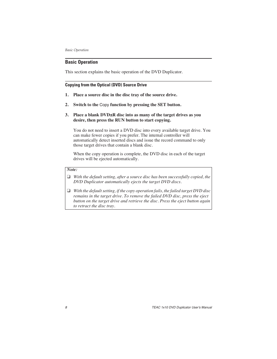 Basic operation, Copying from the optical (dvd) source drive | Teac DVW-D110H User Manual | Page 16 / 34