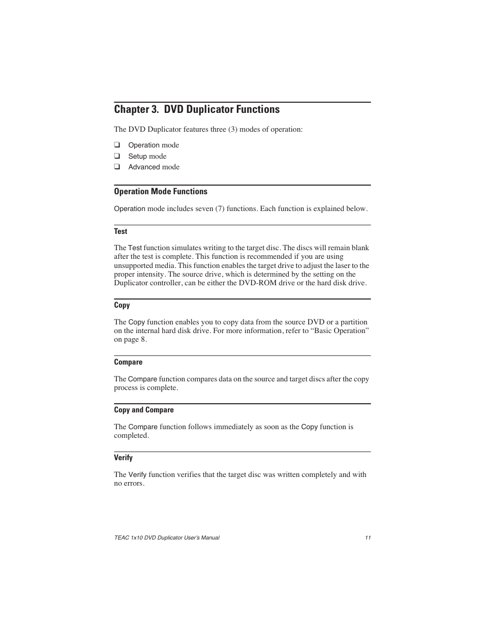 Chapter 3. dvd duplicator functions, Operation mode functions, Test | Copy, Compare, Copy and compare, Verify, Test copy compare copy and compare verify | Teac DVW-D110H User Manual | Page 19 / 34