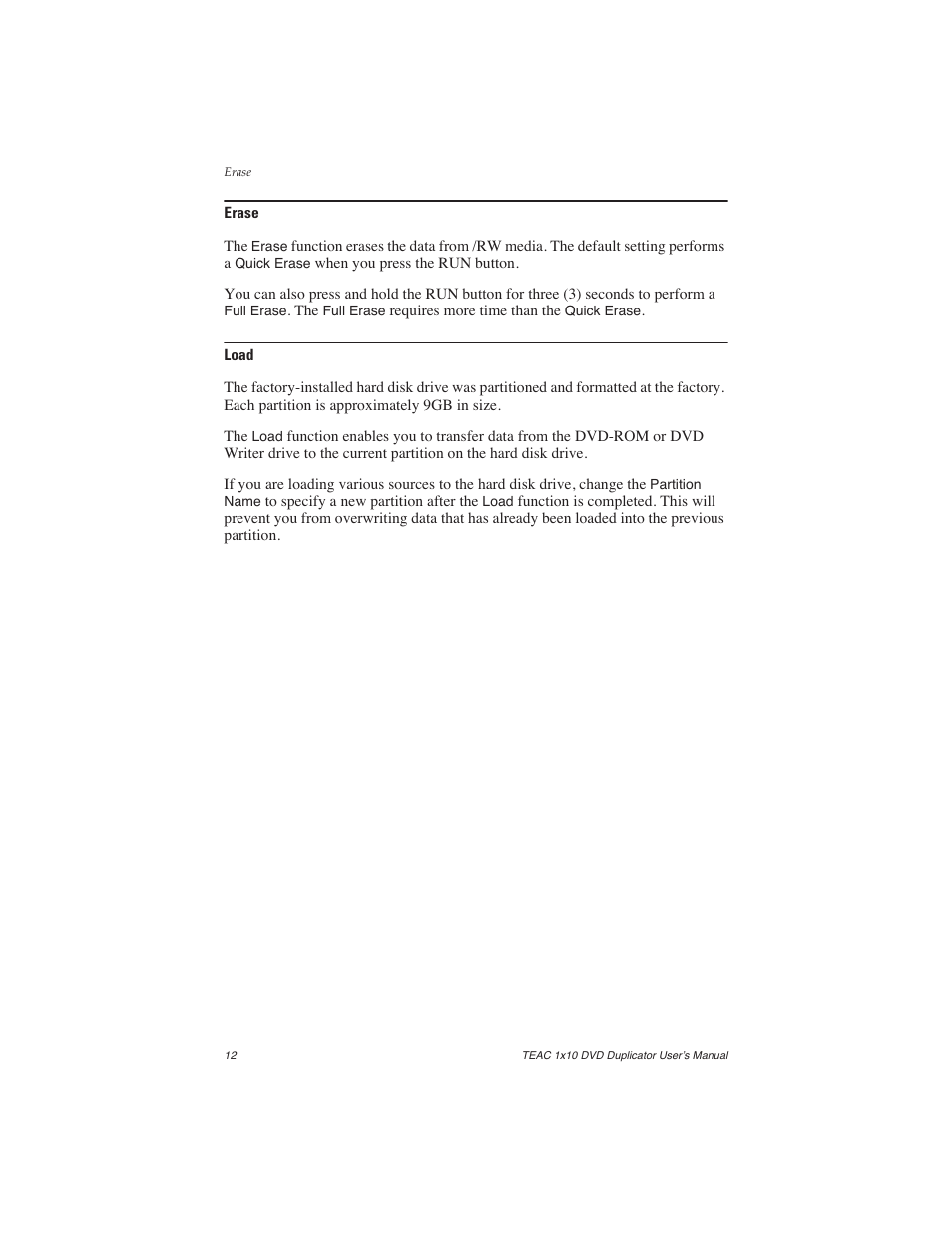 Erase, Load, Erase load | Teac DVW-D110H User Manual | Page 20 / 34