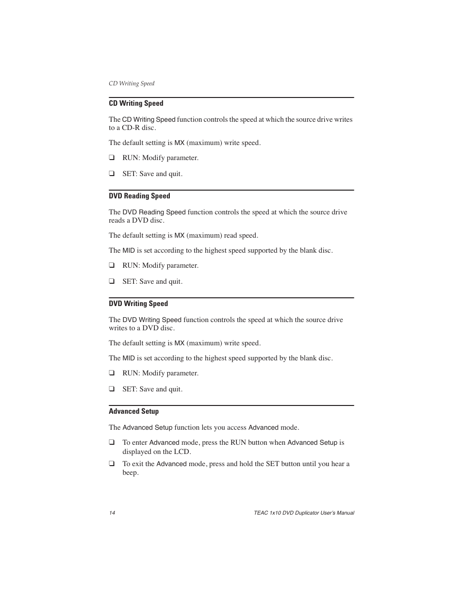 Cd writing speed, Dvd reading speed, Dvd writing speed | Advanced setup | Teac DVW-D110H User Manual | Page 22 / 34