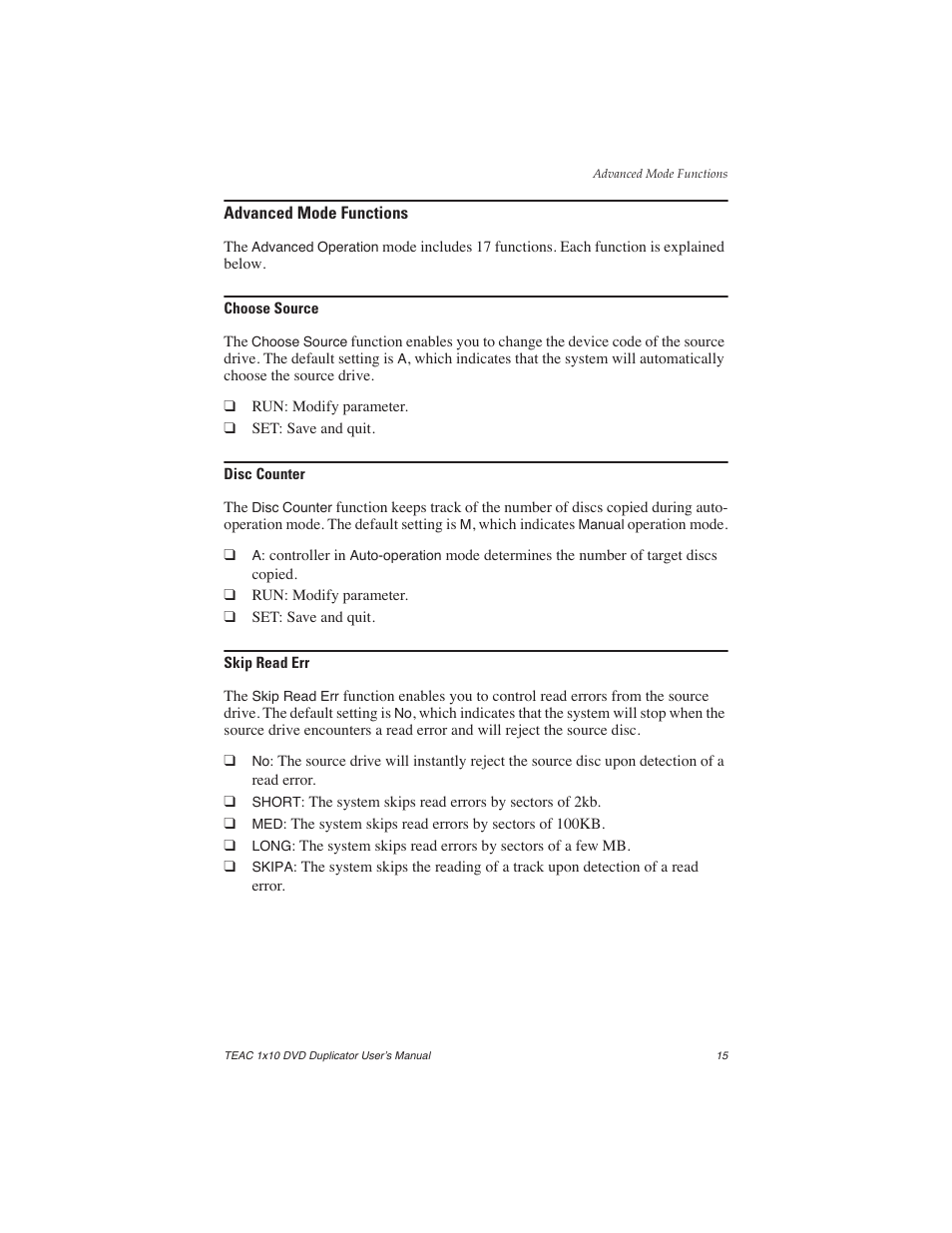 Advanced mode functions, Choose source, Disc counter | Skip read err, Choose source disc counter skip read err | Teac DVW-D110H User Manual | Page 23 / 34