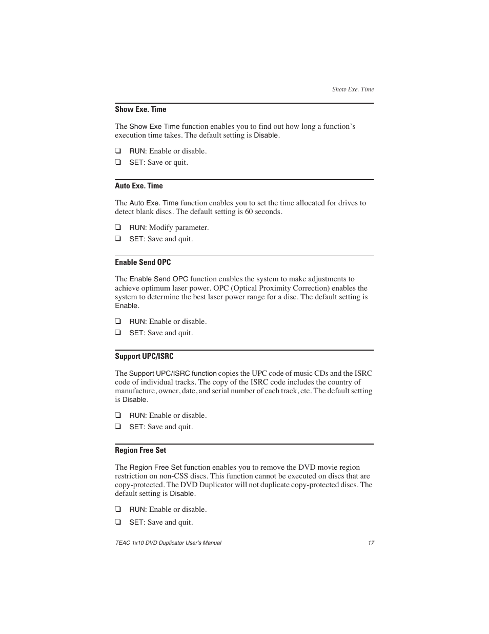 Show exe. time, Auto exe. time, Enable send opc | Support upc/isrc, Region free set, Show exe. time auto exe. time, Enable send opc support upc/isrc region free set | Teac DVW-D110H User Manual | Page 25 / 34