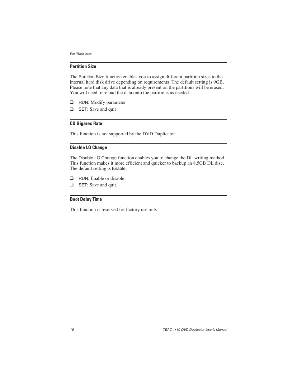 Partition size, Cd gigarec rate, Disable lo change | Boot delay time | Teac DVW-D110H User Manual | Page 26 / 34