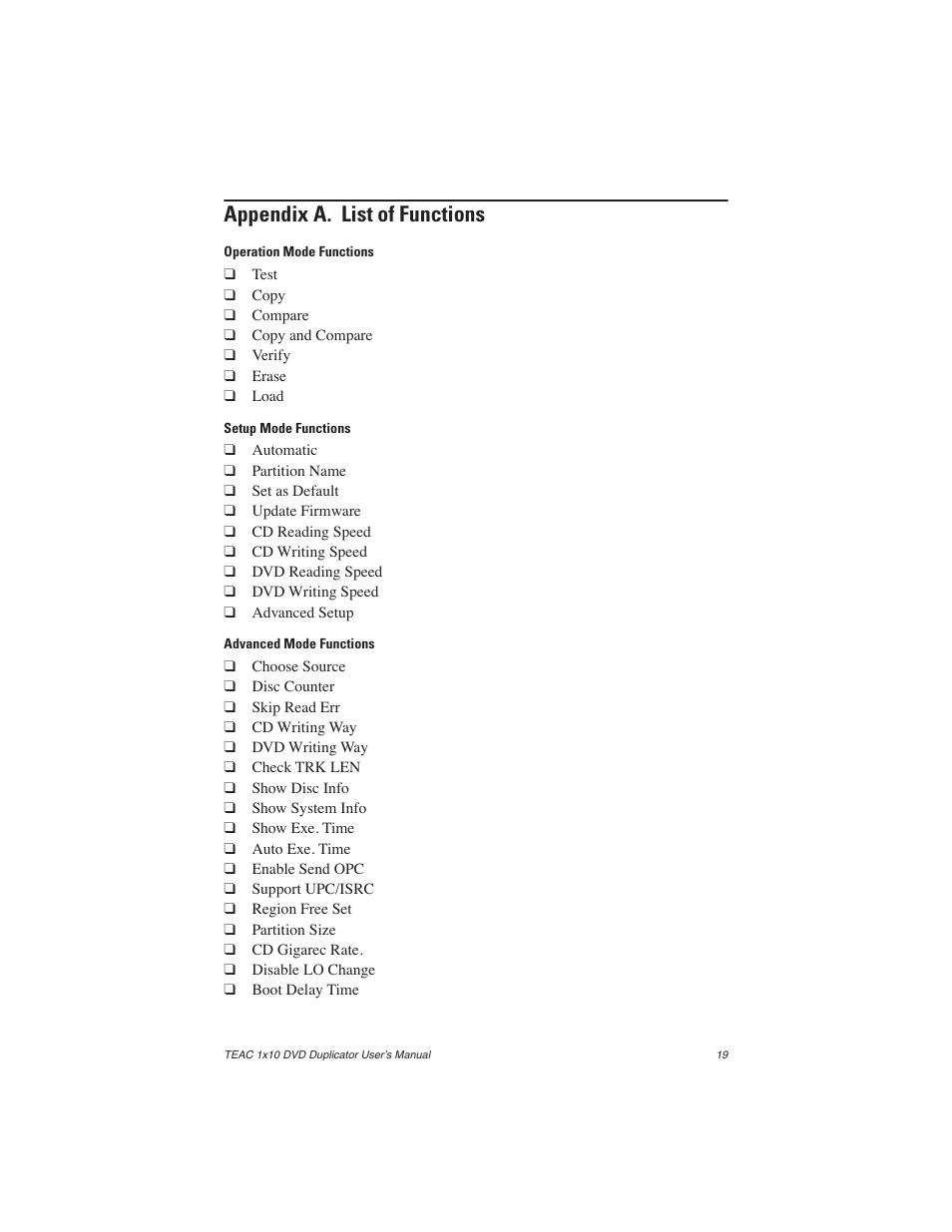 Appendix a. list of functions, Operation mode functions, Setup mode functions | Advanced mode functions | Teac DVW-D110H User Manual | Page 27 / 34