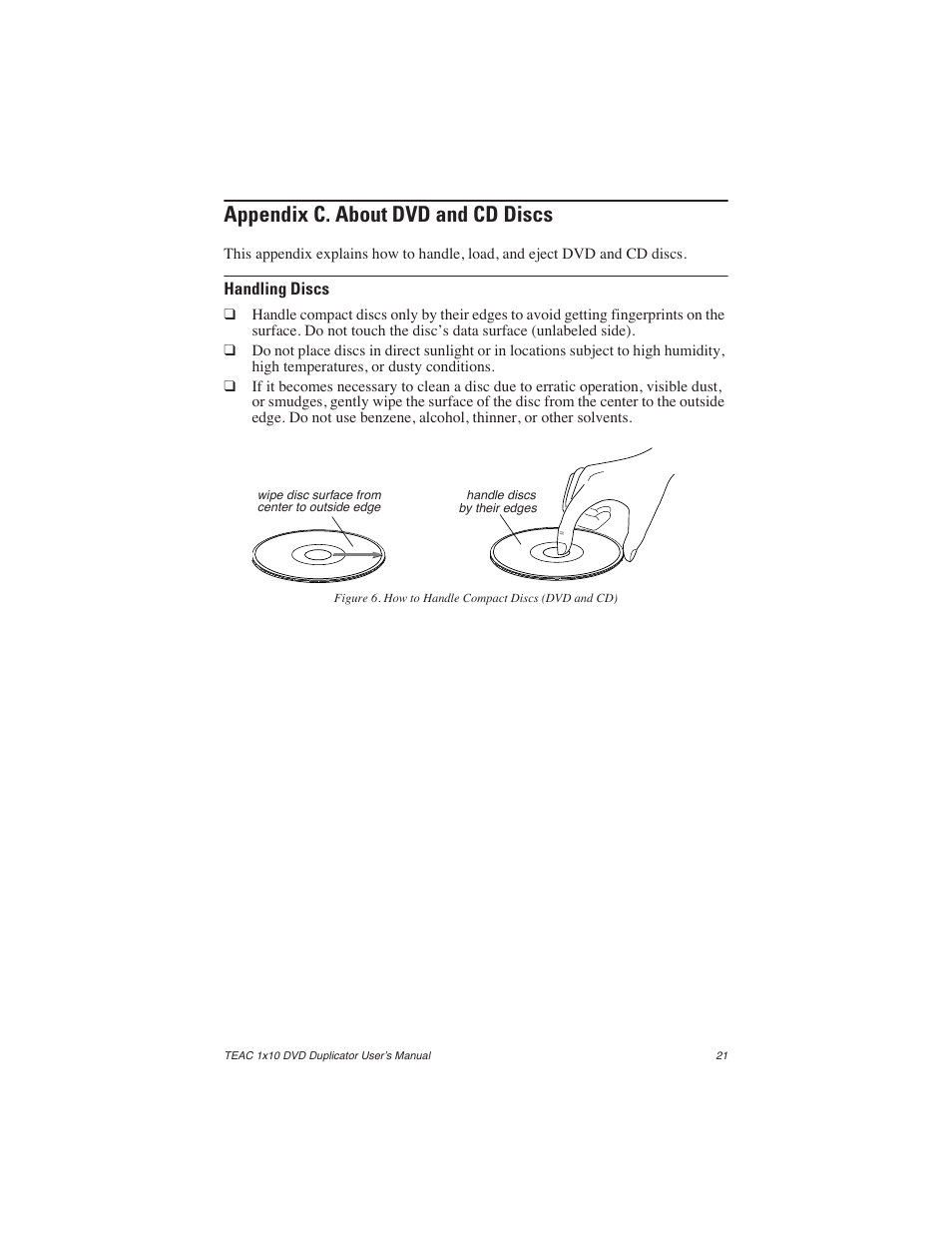 Appendix c. about dvd and cd discs, Handling discs, Figure 6. how to handle compact discs (dvd and cd) | Teac DVW-D110H User Manual | Page 29 / 34