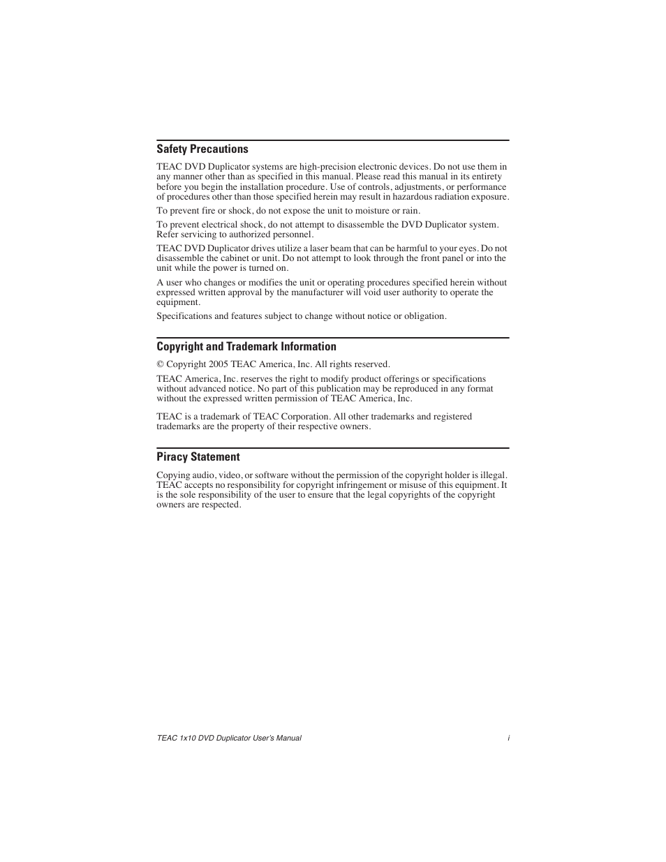 Safety precautions, Copyright and trademark information, Piracy statement | Teac DVW-D110H User Manual | Page 3 / 34