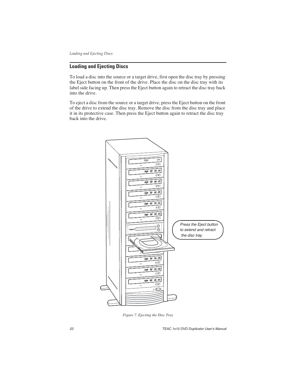 Loading and ejecting discs, Figure 7. ejecting the disc tray | Teac DVW-D110H User Manual | Page 30 / 34