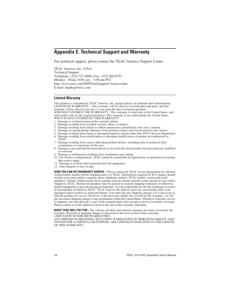 Appendix e. technical support and warranty, Limited warranty | Teac DVW-D110H User Manual | Page 32 / 34