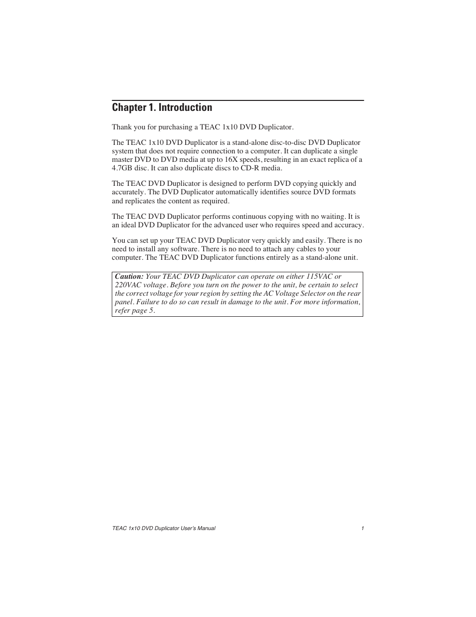 Chapter 1. introduction | Teac DVW-D110H User Manual | Page 9 / 34