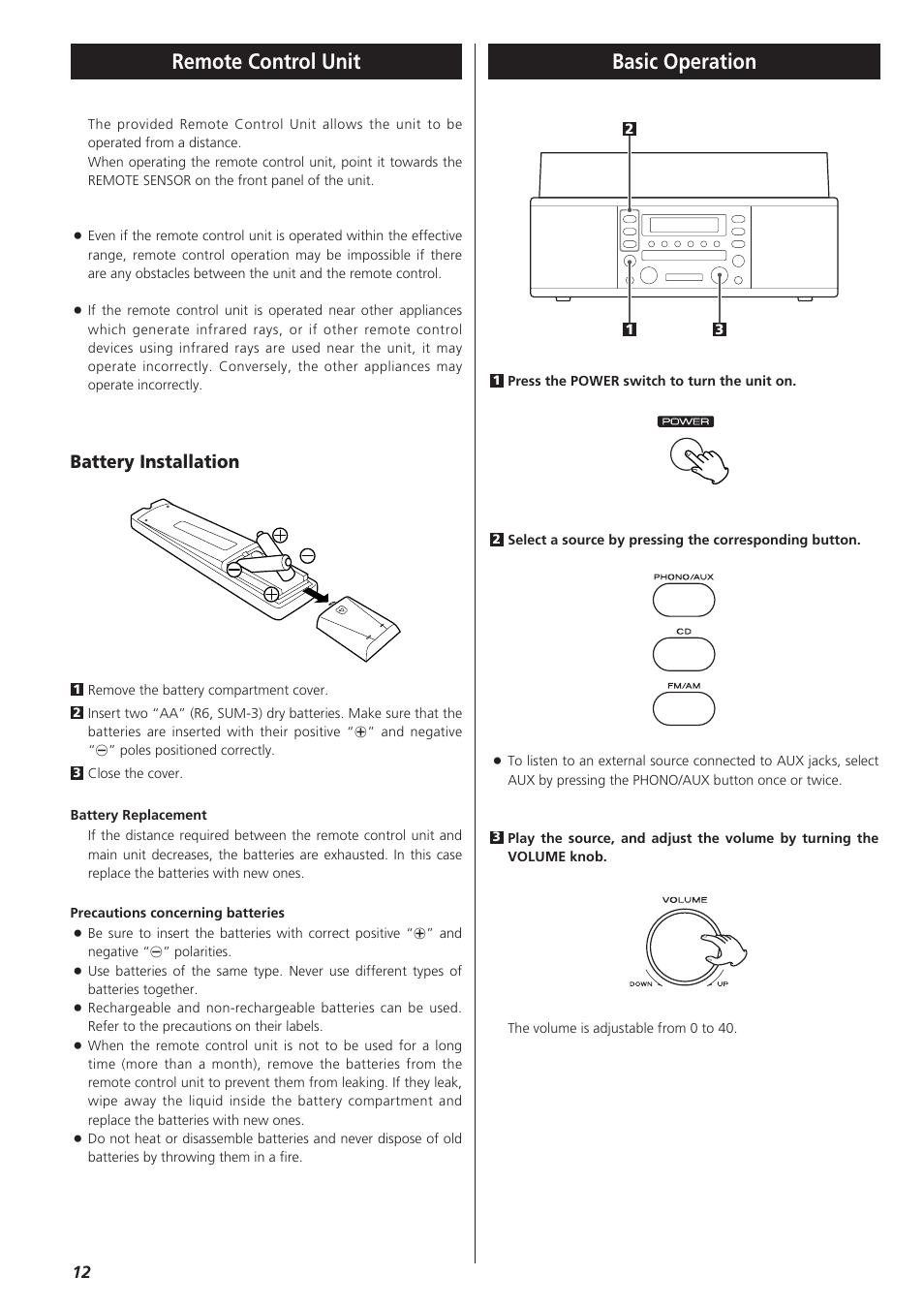 Remote control unit, Basic operation, Battery installation | Teac LPR400 User Manual | Page 12 / 76