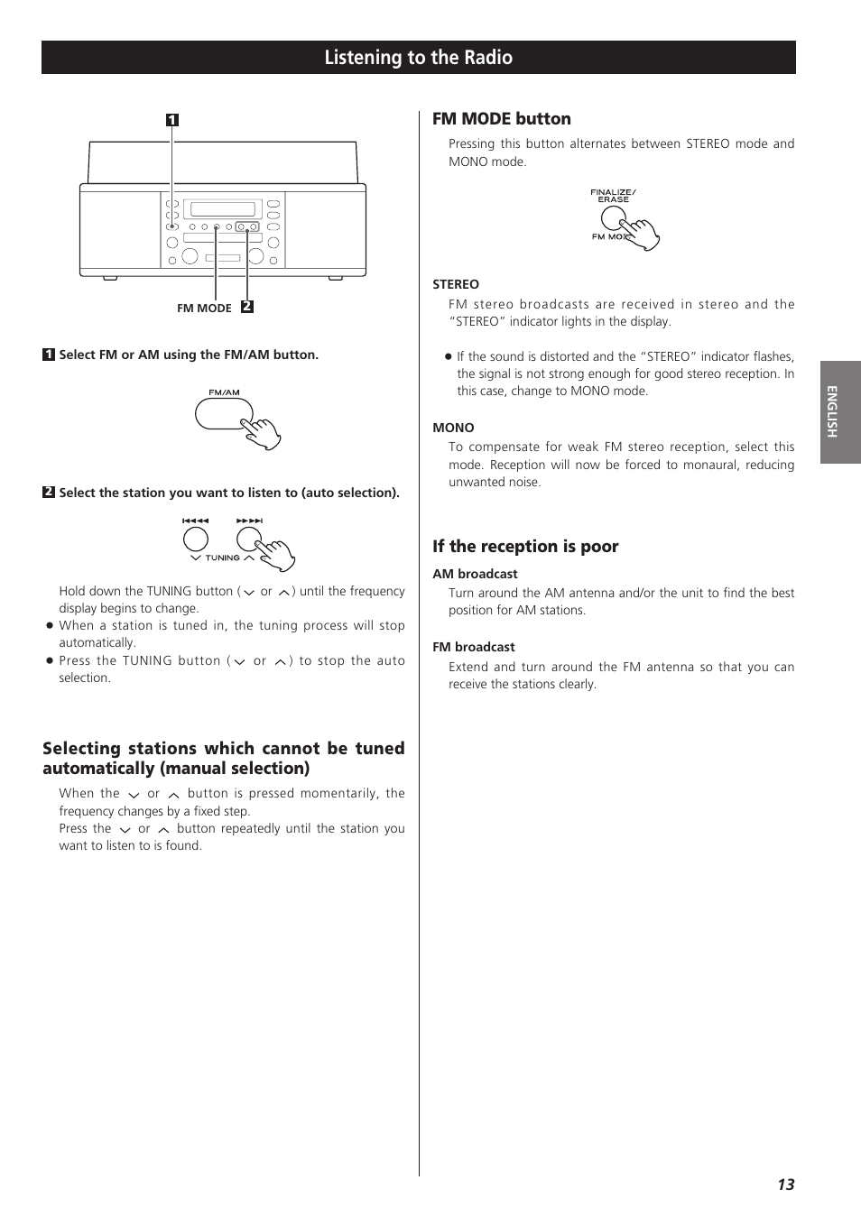 Listening to the radio, If the reception is poor, Fm mode button | Teac LPR400 User Manual | Page 13 / 76