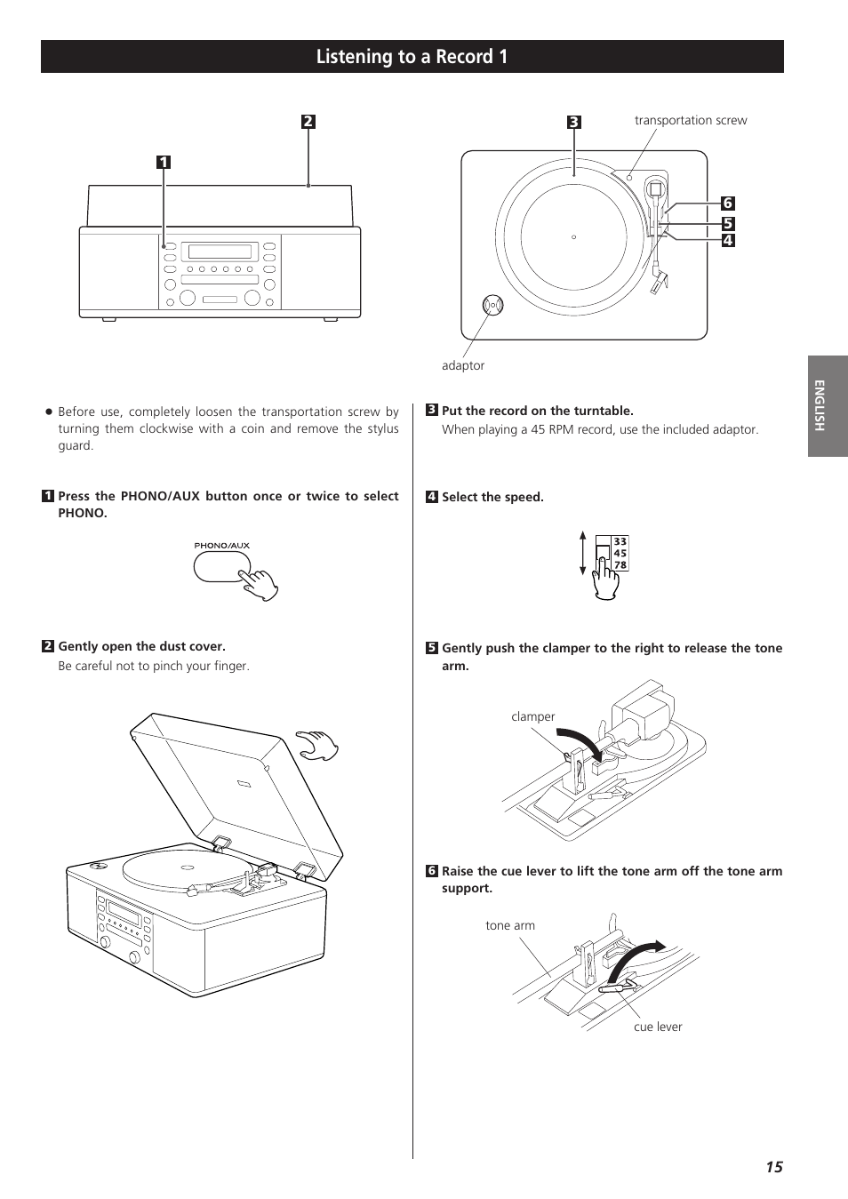 Listening to a record, Listening to a record 1 | Teac LPR400 User Manual | Page 15 / 76