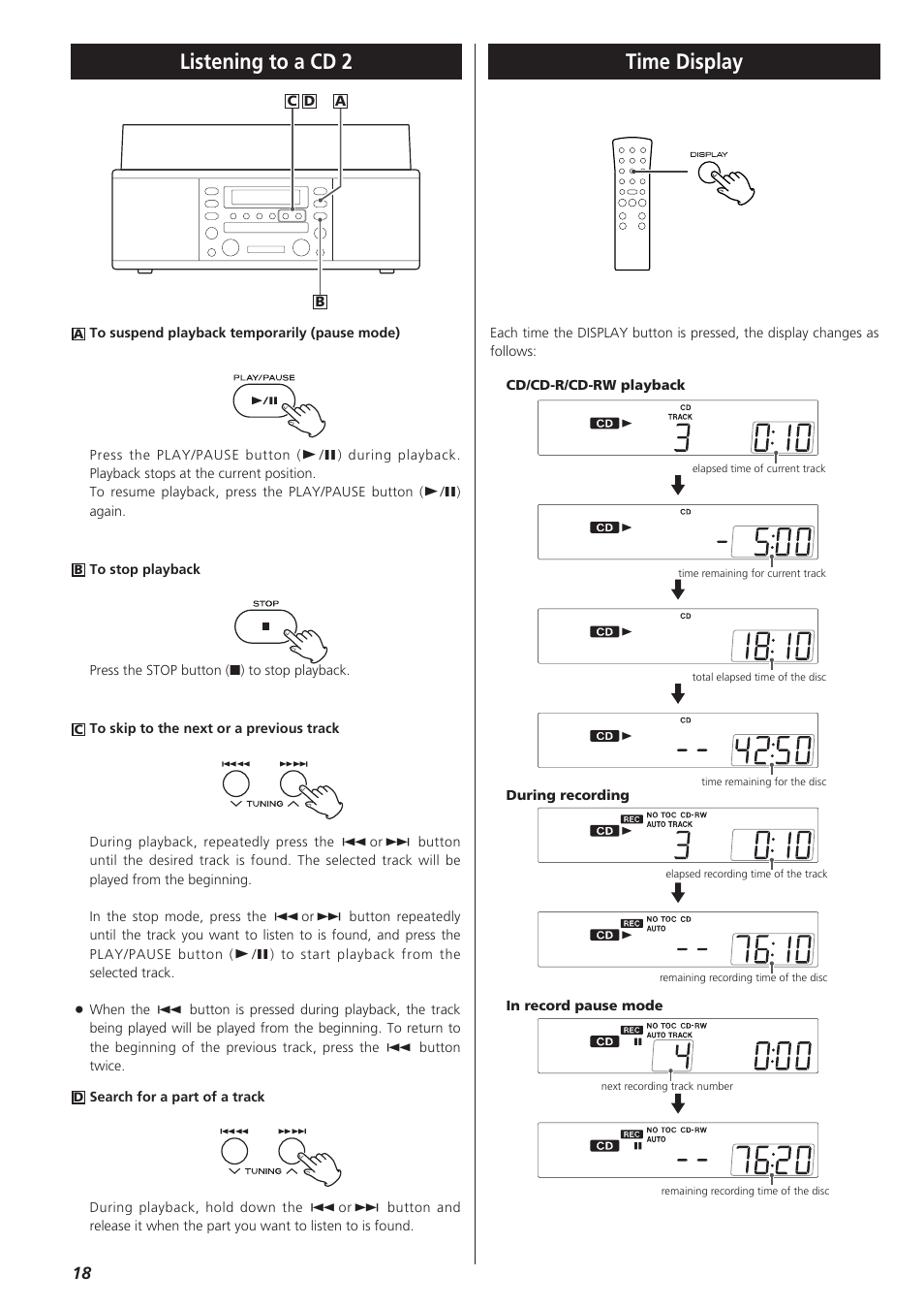 Time display, Listening to a cd 2 time display | Teac LPR400 User Manual | Page 18 / 76