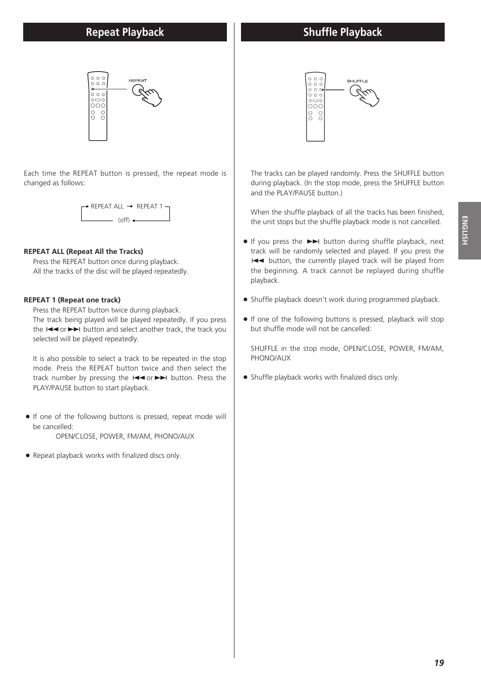 Repeat playback, Shuffle playback | Teac LPR400 User Manual | Page 19 / 76