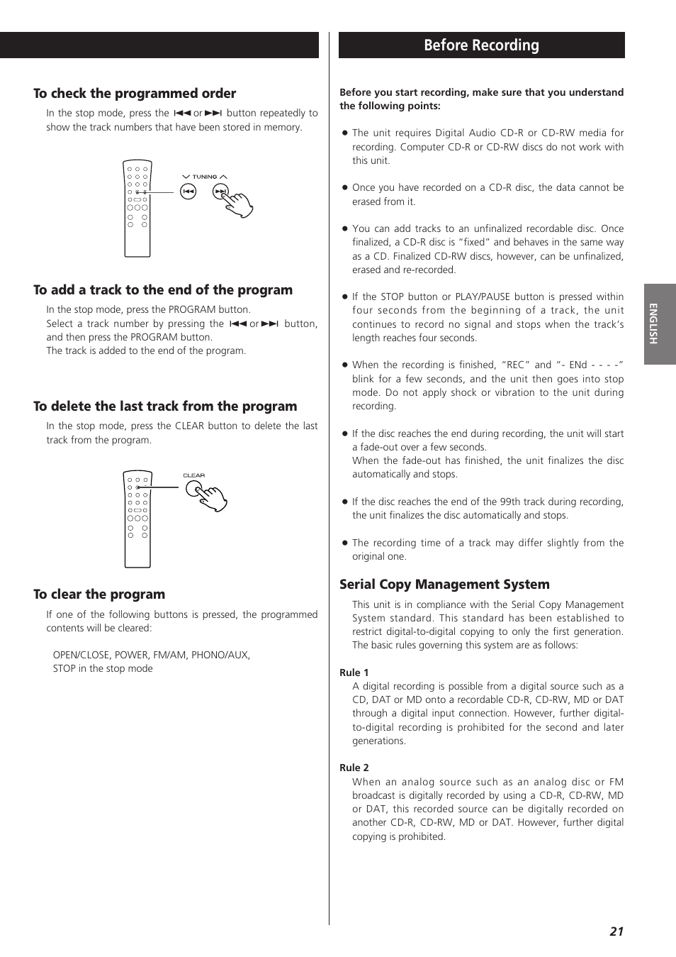 Before recording, Serial copy management system | Teac LPR400 User Manual | Page 21 / 76