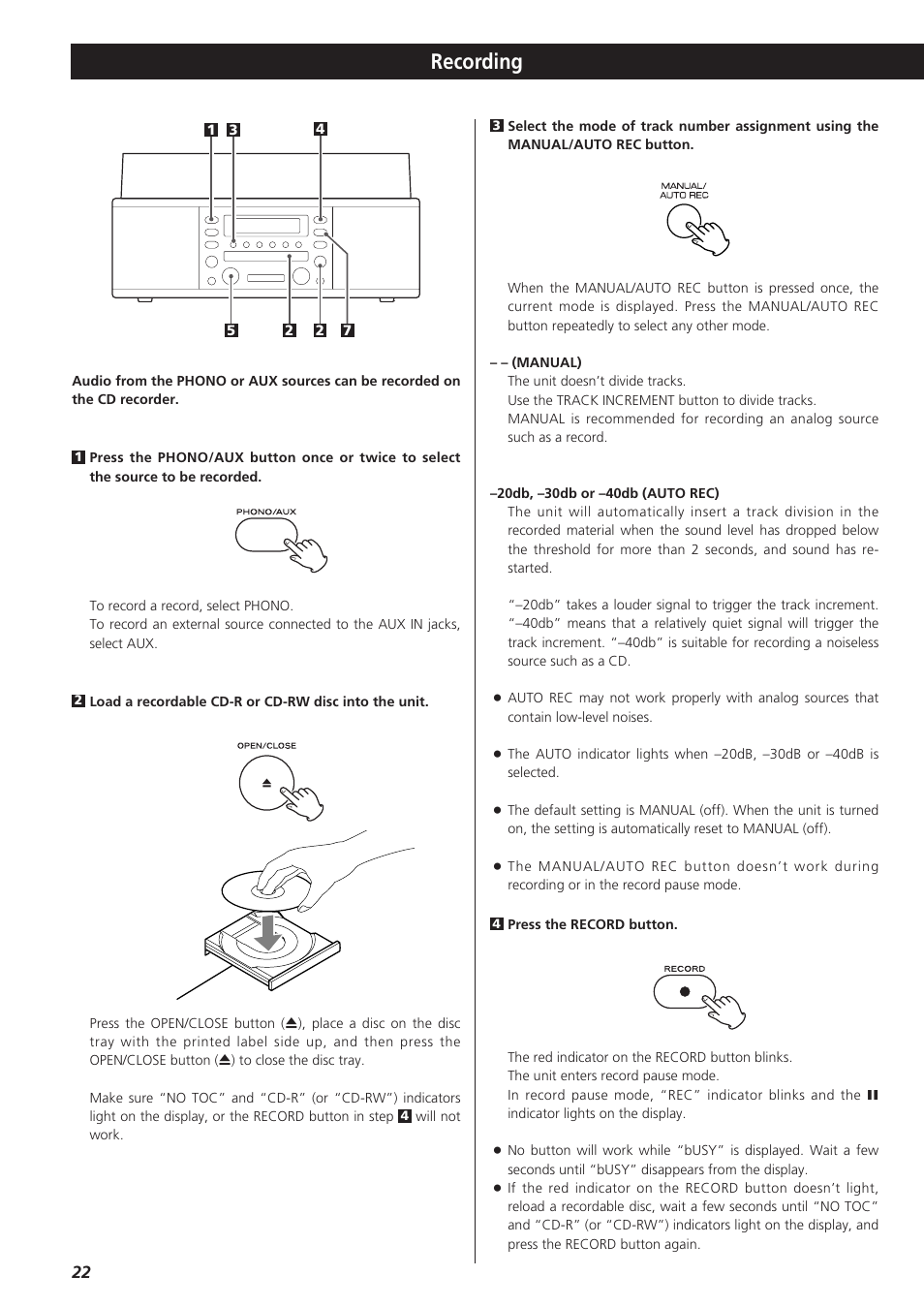 Recording | Teac LPR400 User Manual | Page 22 / 76