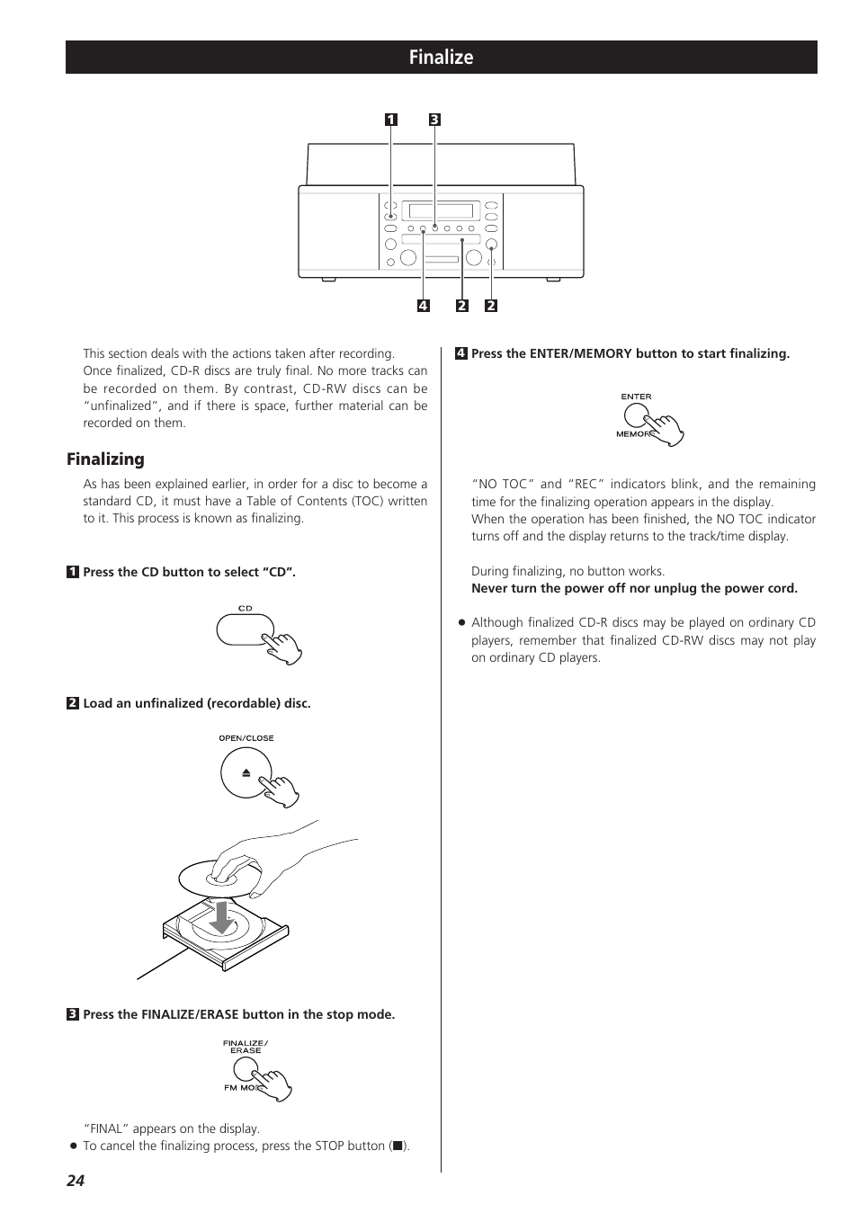 Finalize, Finalizing | Teac LPR400 User Manual | Page 24 / 76