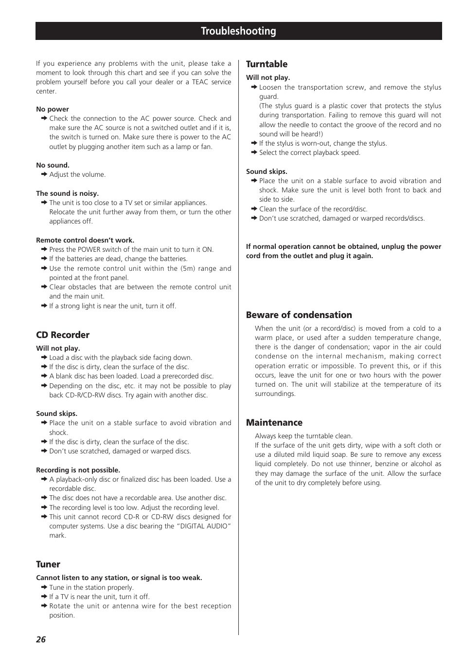 Troubleshooting, Cd recorder, Tuner | Turntable, Beware of condensation, Maintenance | Teac LPR400 User Manual | Page 26 / 76