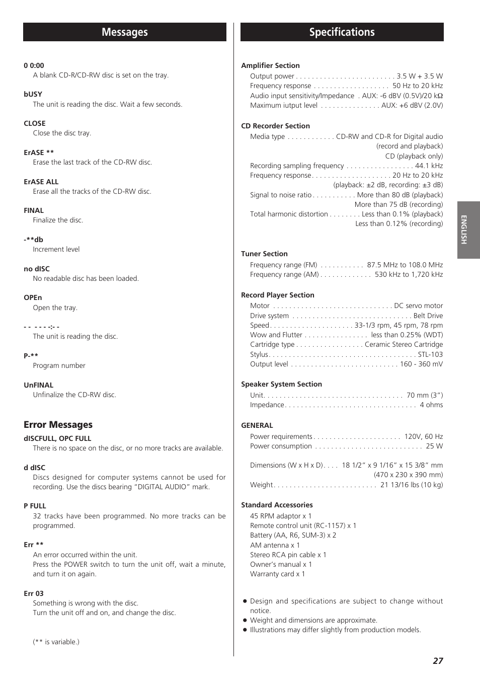 Messages, Specifications, Error messages | Teac LPR400 User Manual | Page 27 / 76