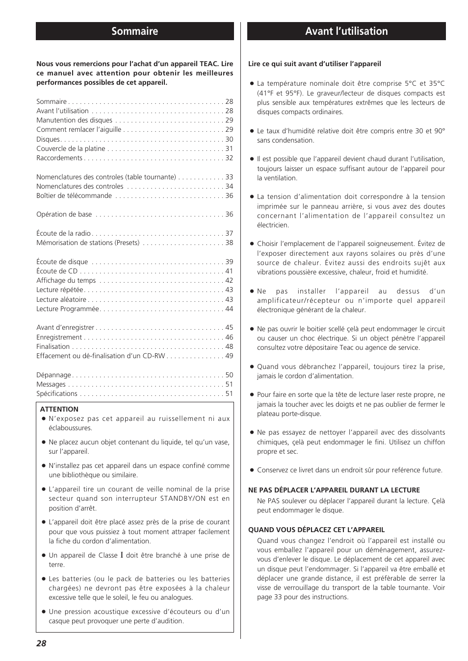 Français, Sommaire, Avant l’utilisation | Teac LPR400 User Manual | Page 28 / 76